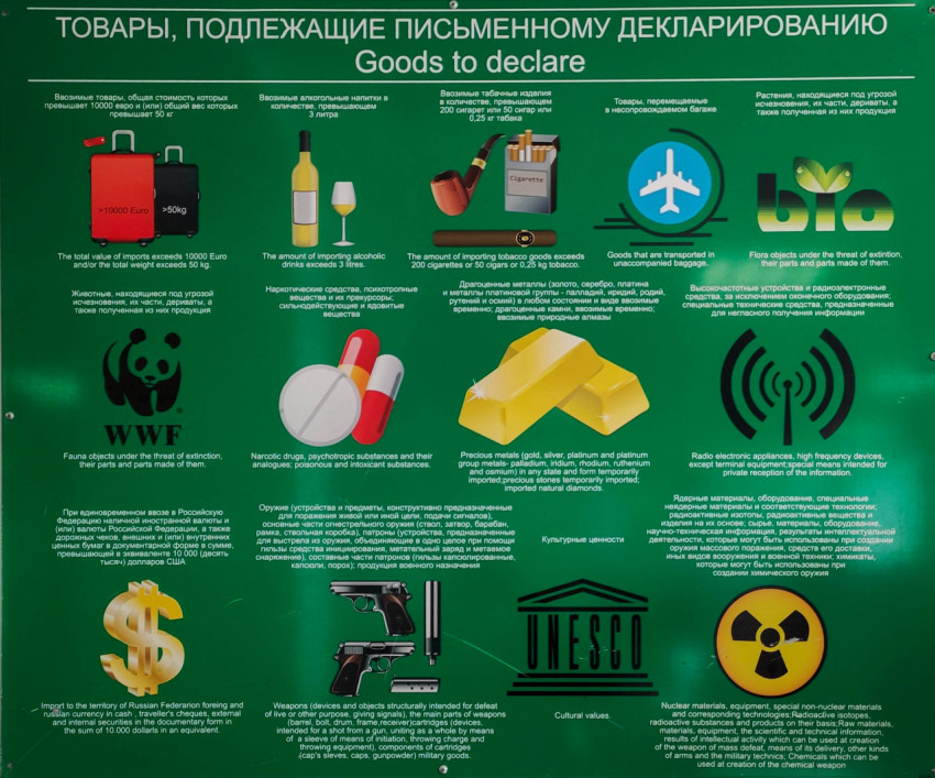 Плакат о декларируемых товарах на стенде в зоне таможенного контроля