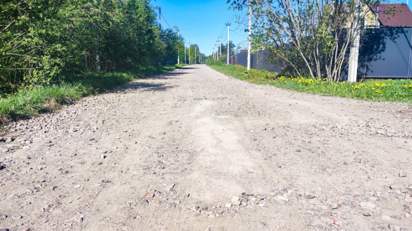 Прямая грунтовая дорога с опорами электросетей