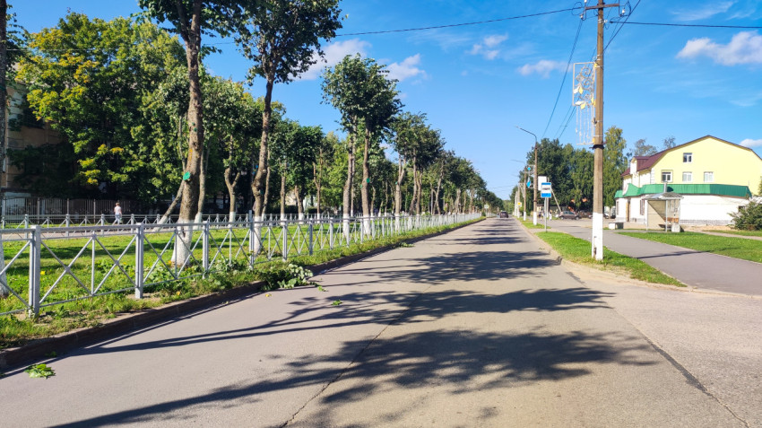 Длинная прямая улица с деревьями и ограждениями уходит в перспективу под ярким небом