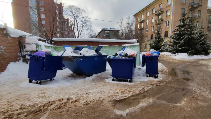 Несколько мусорных контейнеров на снегу