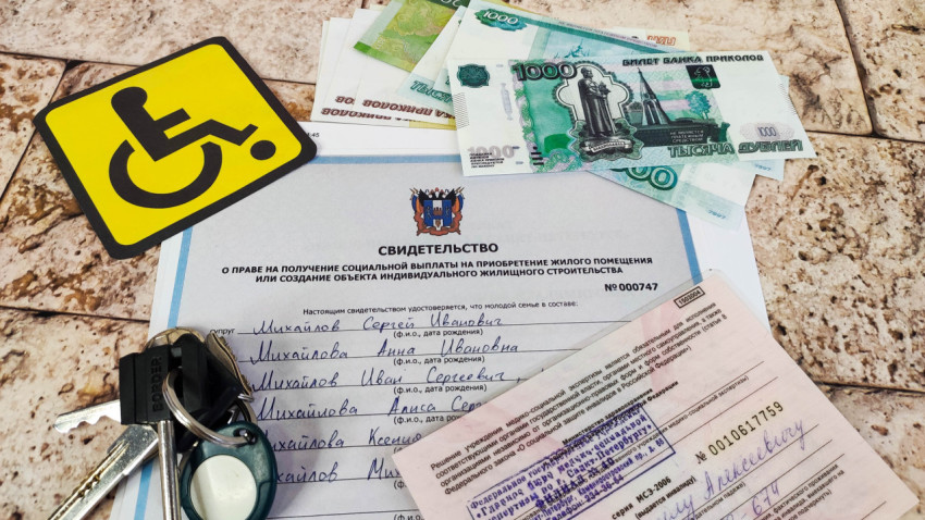 Сертификат на социальную выплату для покупки квартиры, деньги, ключи и удостоверение инвалида