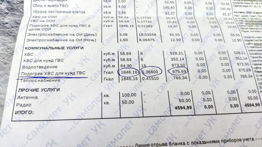Квитанция за коммунальные услуги с выделенной строкой о подогреве холодной воды для горячего водоснабжения