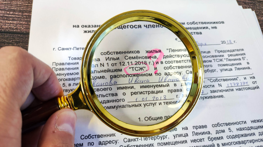 Обведенное слово ТСЖ и вопросительный знак под лупой