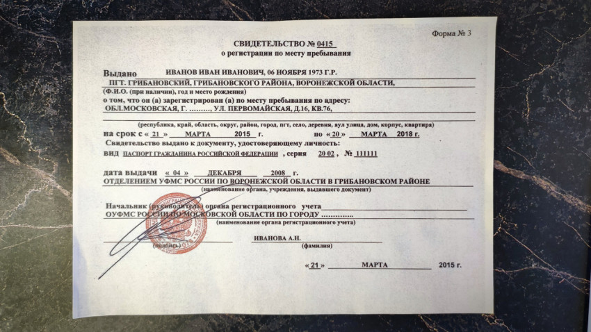 Свидетельство о временной регистрации по месту пребывания в России