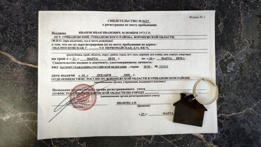 Свидетельство о регистрации по месту пребывания и брелок