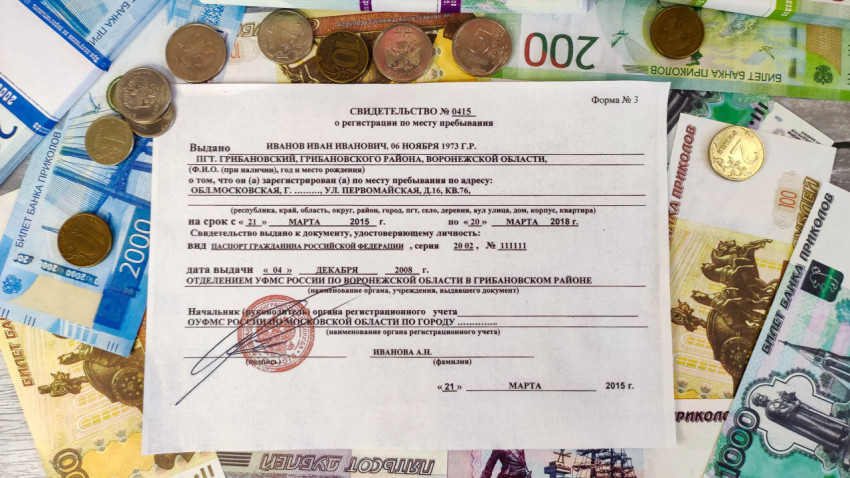 Свидетельство о временной регистрации на фоне банкнот и монет