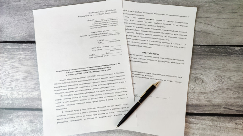 Ходатайство о предоставлении отсрочки на выплату вознаграждения финансовому управляющему и ручка на деревянном фоне