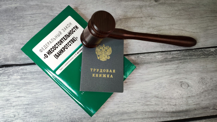 Федеральный закон о банкротстве и трудовая книжка с молотком судьи