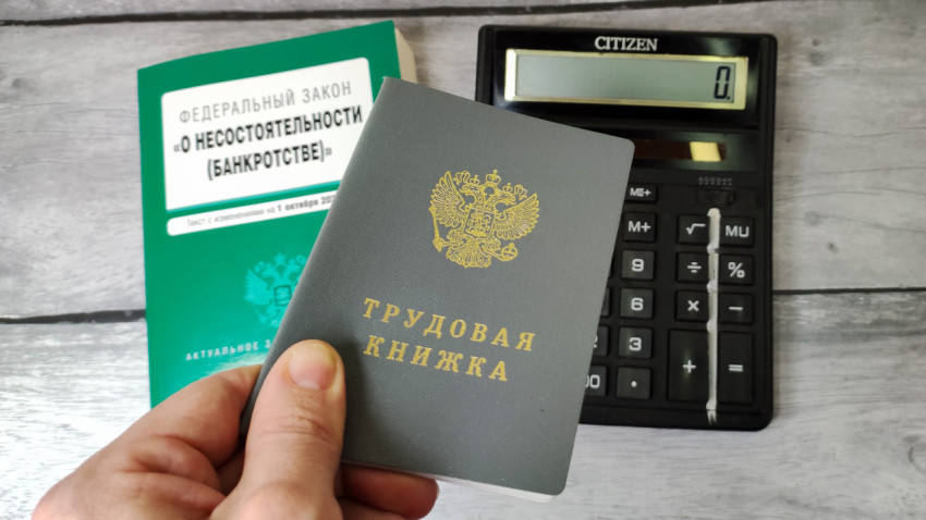 Трудовая в руке на фоне калькулятора и закона о банкротстве