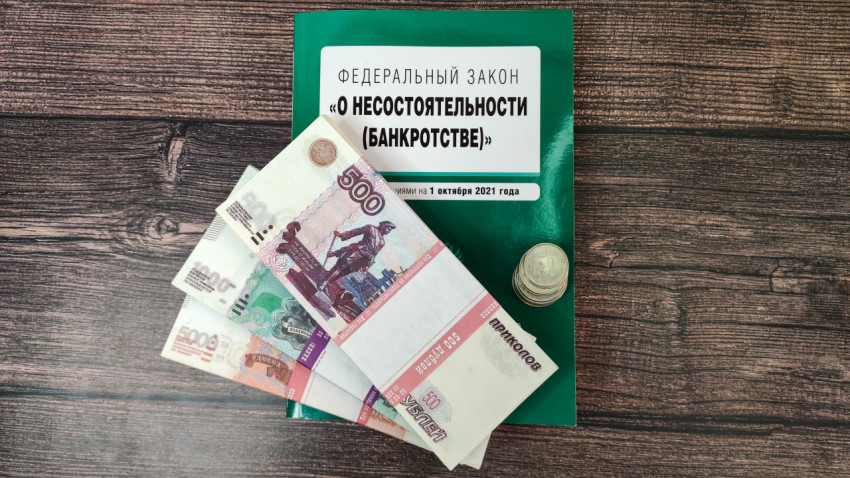 Пачки купюр и монеты на фоне закона о банкротстве