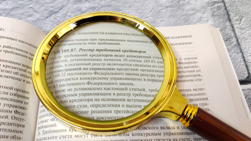 Лупа над статьёй закона о реестре требований кредиторов