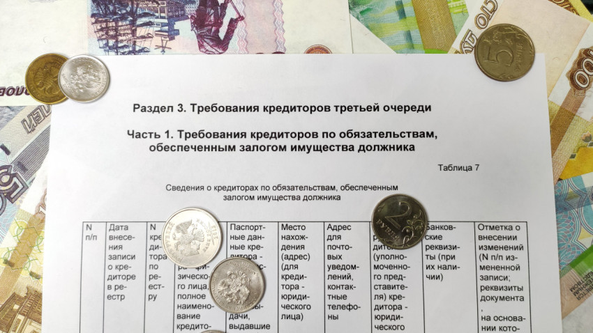 Монеты и купюры на таблице требований кредиторов третьей очереди