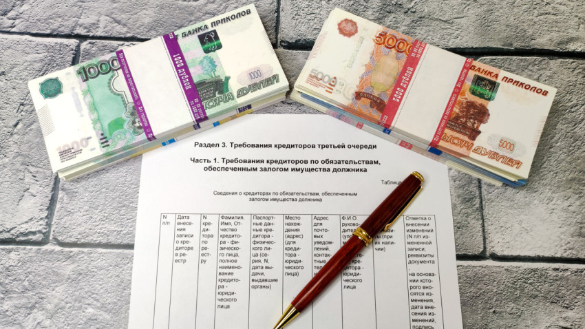 Пачки купюр и таблица требований третьей очереди кредиторов