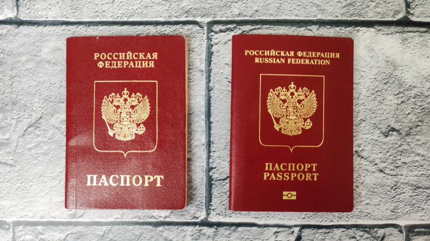 Два загранпаспорта РФ старого и нового образца на сером фоне