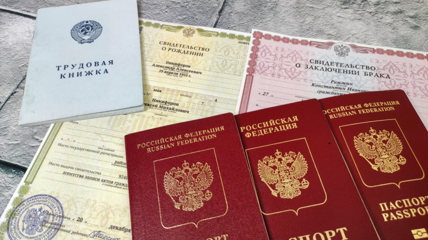 Набор российских документов с трудовой книжкой и загранпаспортами