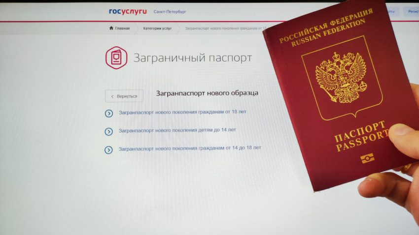 Загранпаспорт нового образца на фоне сайта Госуслуги