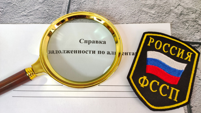 Справка о задолженности по алиментам и шеврон ФССП на плитке