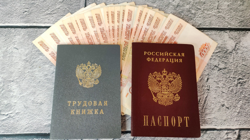 Паспорт и трудовая книжка на фоне купюр