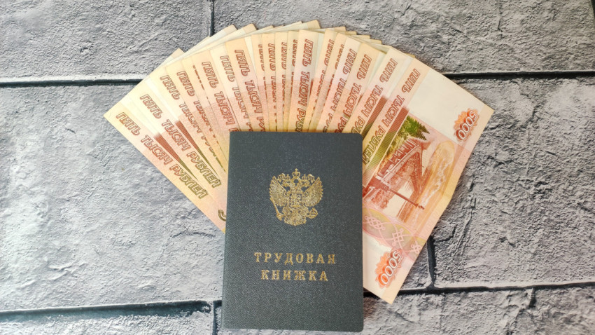 Трудовая книжка на фоне веера из купюр