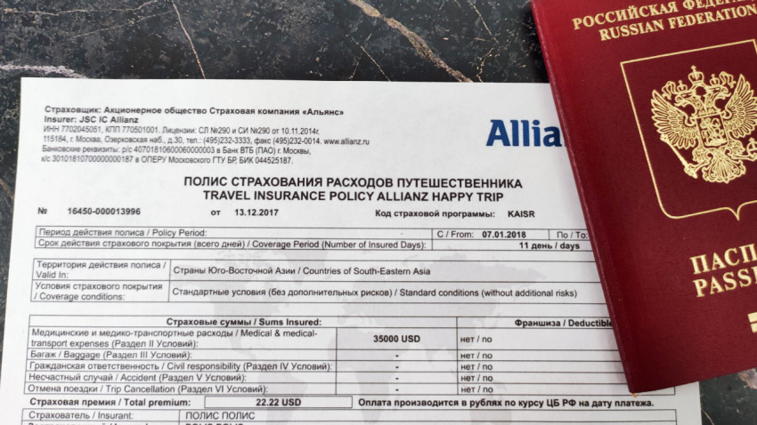 Паспорт России рядом со страховым полисом Allianz