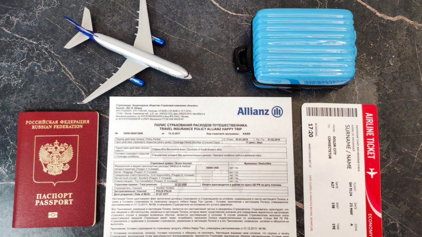Полный набор для поездки с полисом Allianz, билетом и паспортом