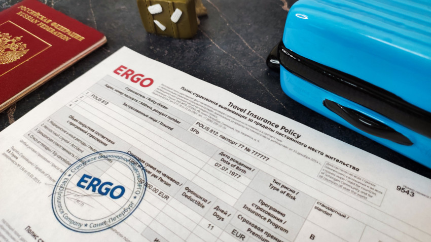 Полис ERGO с загранпаспортом и игрушечным чемоданом