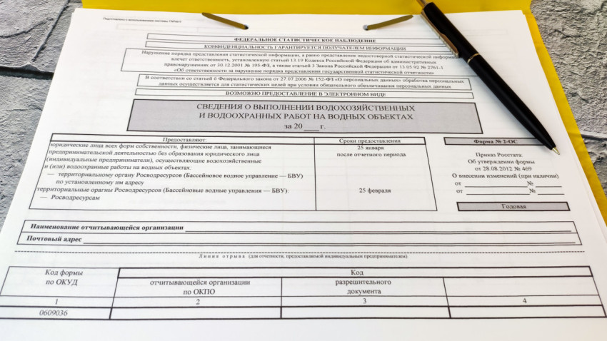 Форма 2-ОС с ручкой в папке на сером столе