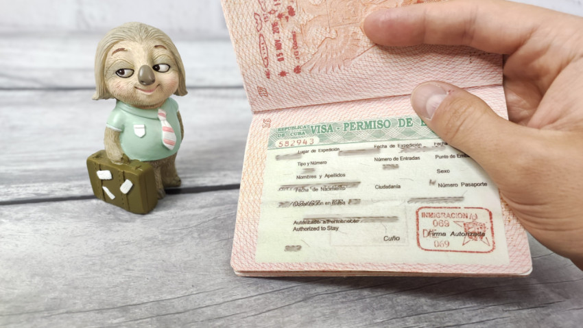 Кубинская виза в загранпаспорте с фигуркой ленивца