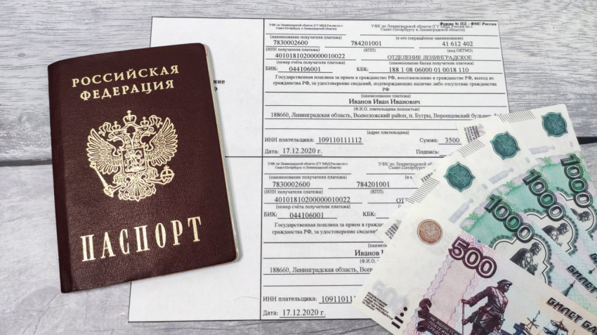 Паспорт России, квитанция госпошлины и российские рубли
