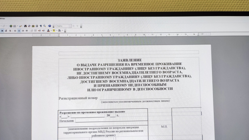 Электронная форма заявления на РВП на экране компьютера