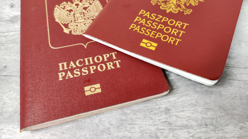 Паспорта России и Польши на сером фоне