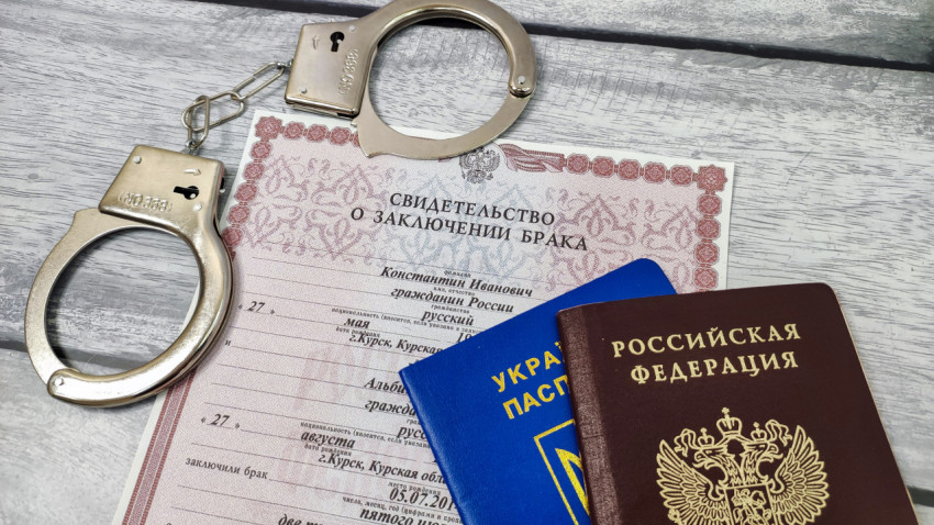 Свидетельство о браке с паспортами России и Украины и наручниками