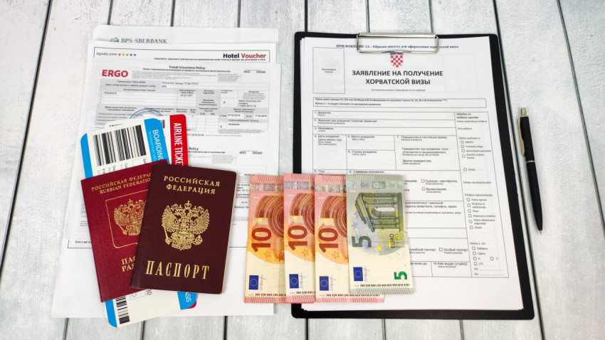 Комплект документов для подачи на хорватскую визу с паспортами и евро