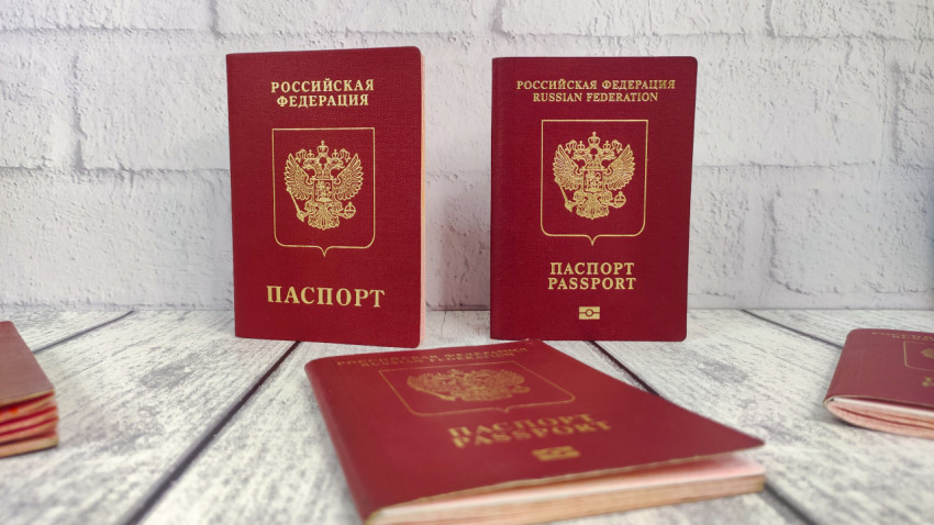 Загранпаспорт старого образца и биометрический паспорт России на фоне белой стены
