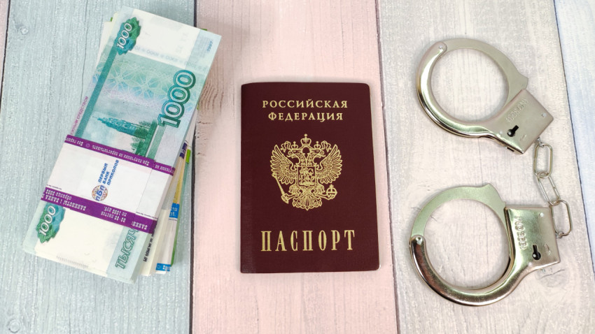 Паспорт России, деньги и наручники на деревянном фоне