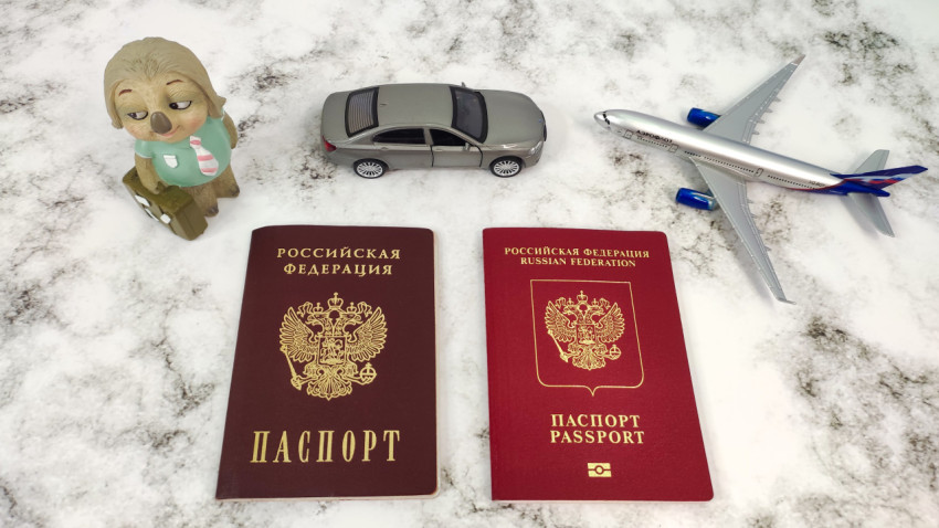 Российский внутренний и заграничный паспорта с моделями транспорта