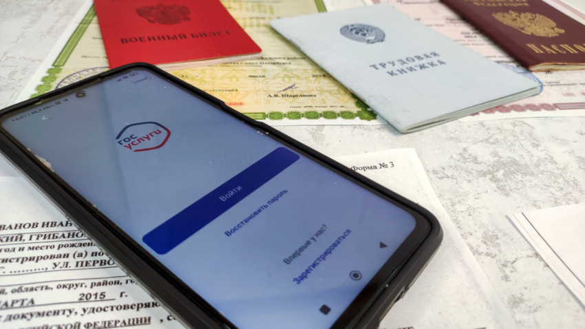 Смартфон с приложением Госуслуги и комплект документов РФ
