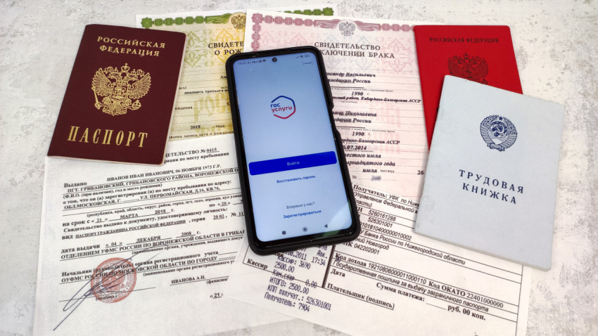 Смартфон с приложением Госуслуги и комплект российских документов