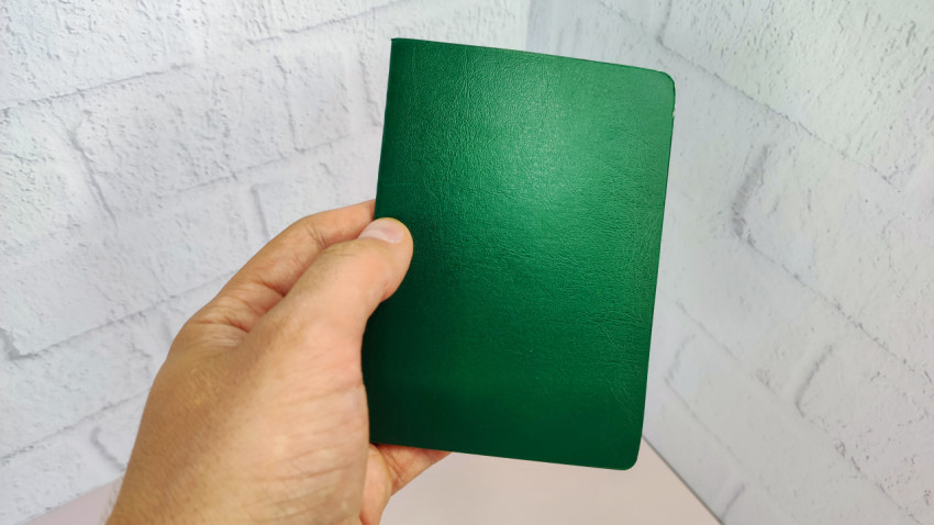 Зеленый паспорт в руке на фоне стены