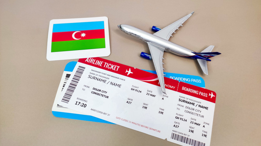 Авиабилеты, модель самолета и флаг Азербайджана