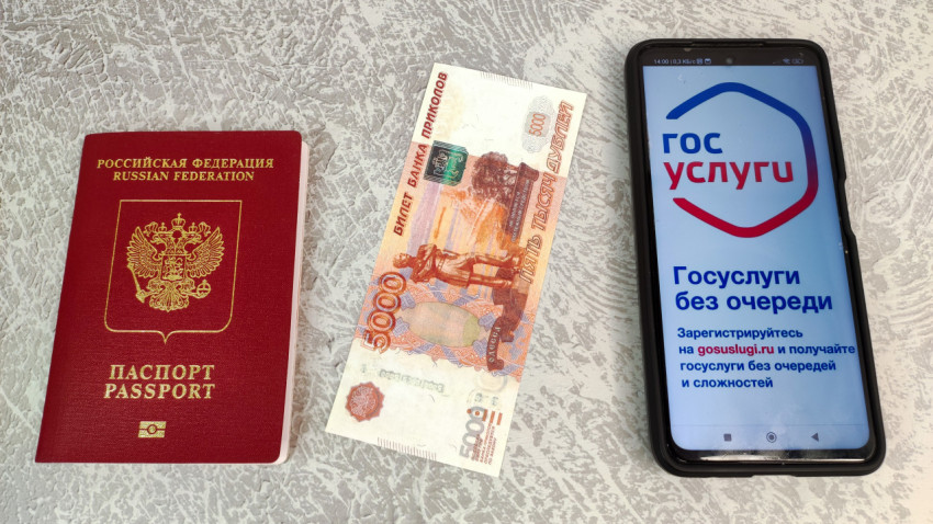 Загранпаспорт РФ, купюра 5000 рублей и смартфон с «Госуслуги»
