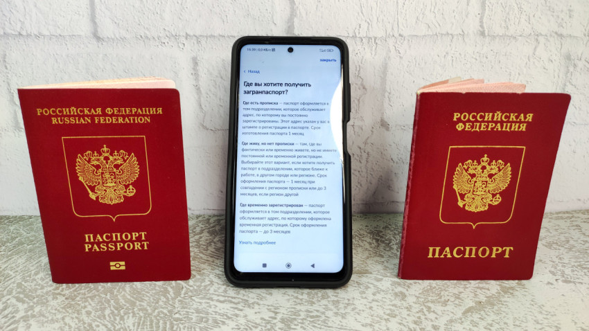 Два загранпаспорта РФ и смартфон с информацией о подаче документов