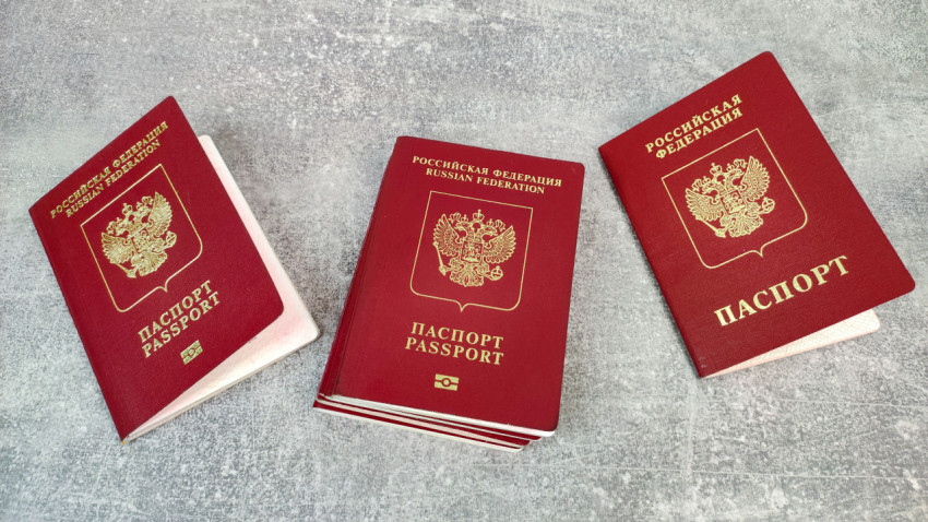 Три заграничных паспорта Российской Федерации на сером фоне