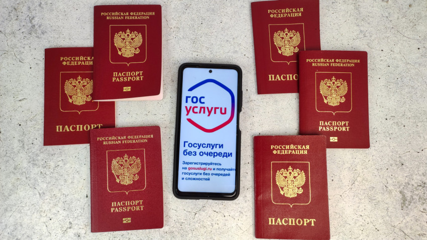 Несколько загранпаспортов России и Госуслуги на смартфоне
