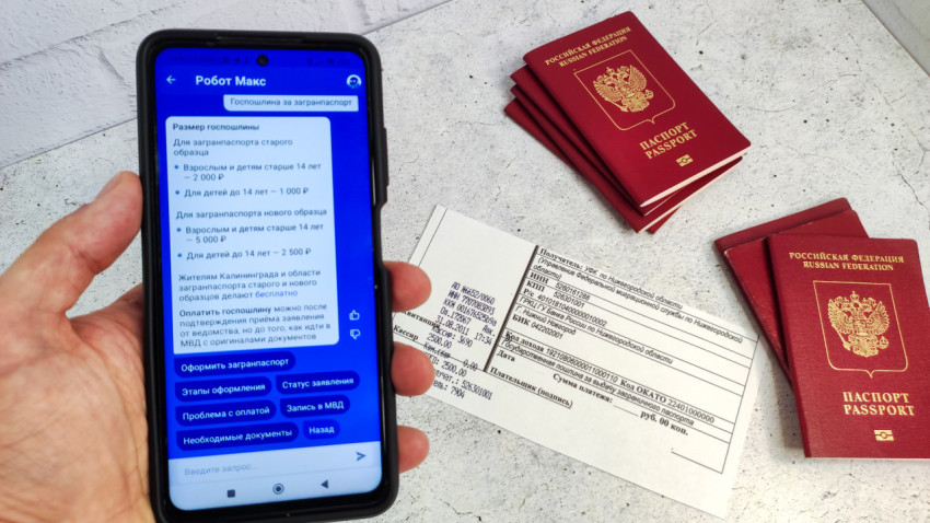 Загранпаспорта РФ, квитанция и смартфон с информацией о пошлине