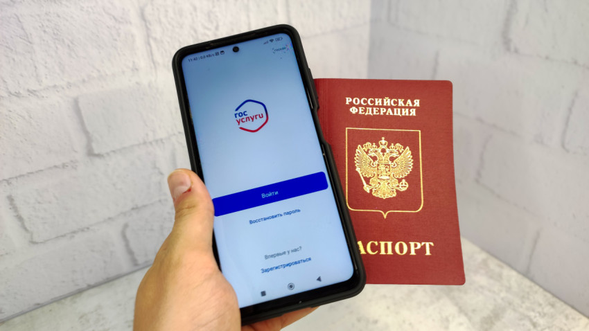 Смартфон с приложением Госуслуги и загранпаспорт РФ в руке