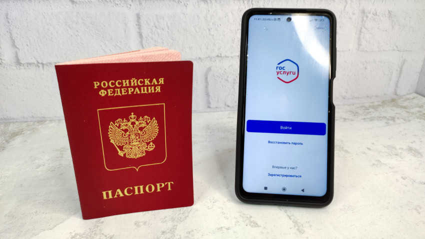 Заграничный паспорт России и смартфон с приложением Госуслуги