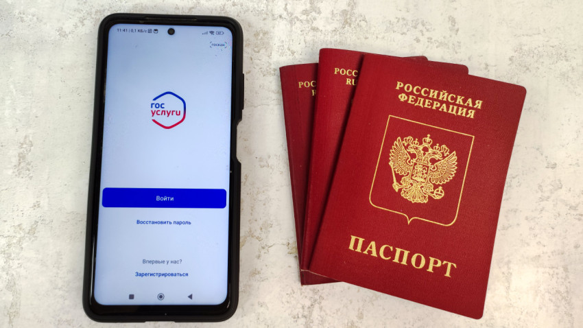Экран приложения Госуслуги и загранпаспорта РФ на белом фоне