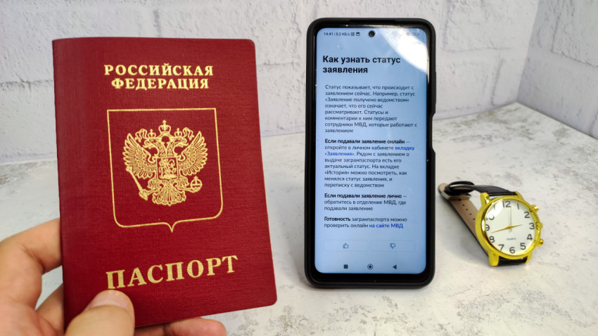 Загранпаспорт РФ и смартфон с инструкцией по проверке статуса заявления