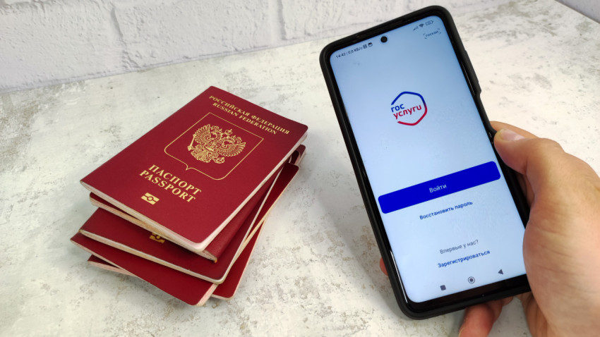 Смартфон с приложением Госуслуги и стопка загранпаспортов РФ